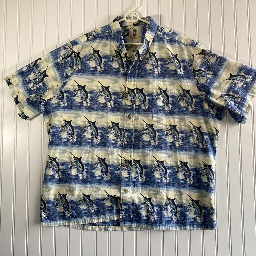 Kahala Men's Hawaiian Aloha Shirt Size 2XL Blue White Marlins Sailfish